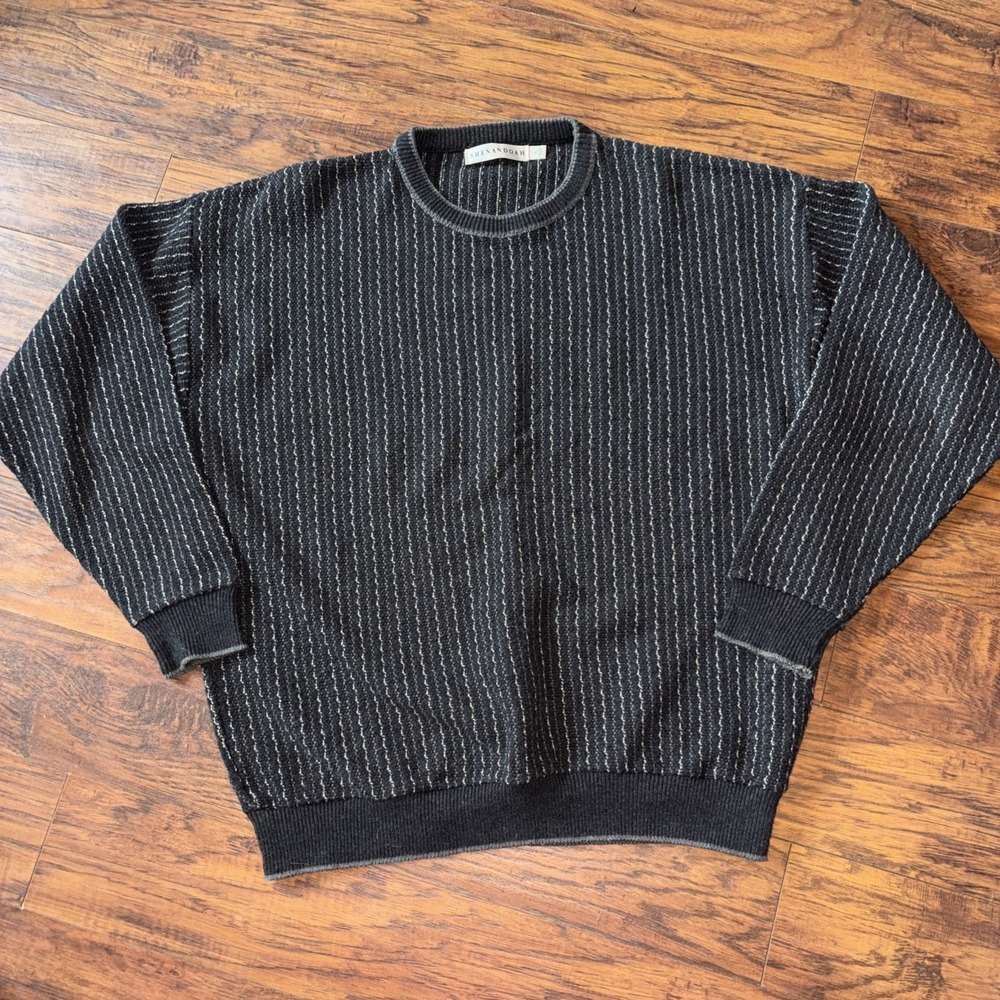 Vintage Shenandoah Sweater Mens Black/Gray Patterned Cotton Knit Crewneck USA XL